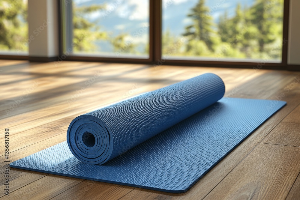 Aufkleber yoga mat rolled out in a serene studio with natural light and mountain views in a peaceful setting