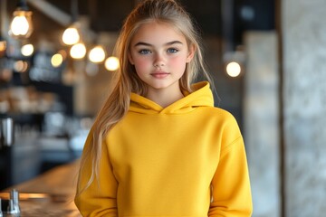 Fototapeta premium Young girl wearing a yellow hoodie stands at a stylish cafe with warm lighting in the background during the day