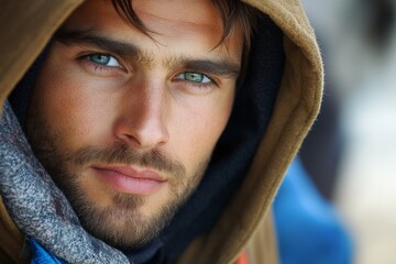 Fototapeta premium Man with striking blue eyes and a rugged appearance gazes intently while wearing a hooded jacket in an outdoor setting