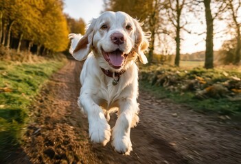 Clumber spaniel dog running happy on the field in the countryside, doggy playing outdoors in the nature
