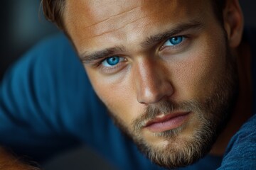 Fototapeta premium Focused portrait of a man with striking blue eyes and a well-defined beard in natural lighting indoors