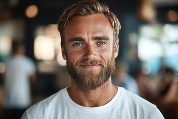 Obraz premium Young man with a beard smiling warmly in a vibrant indoor cafe setting during the day