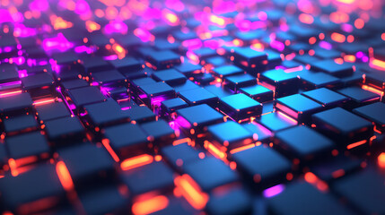 Obraz premium An immersive symmetry of modular tech forms, illuminated by radiant shades of blue, magenta, and