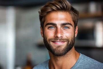 Obraz premium Bright smile from a young man in casual clothing during a warm indoor setting