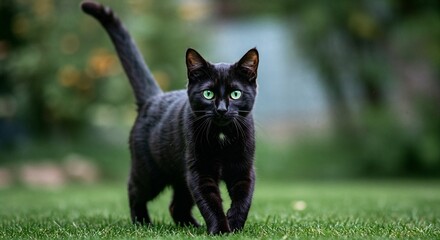 Black Cat with Green Eyes in Nature