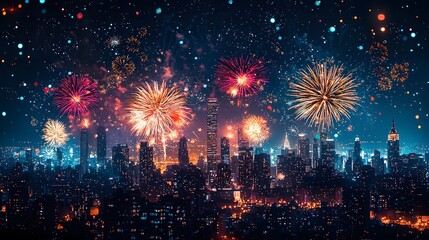 Fireworks display over city skyline at night