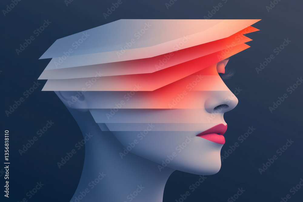Poster a futuristic geometric visage glowing with energy, built from balanced angular shapes and vibrant