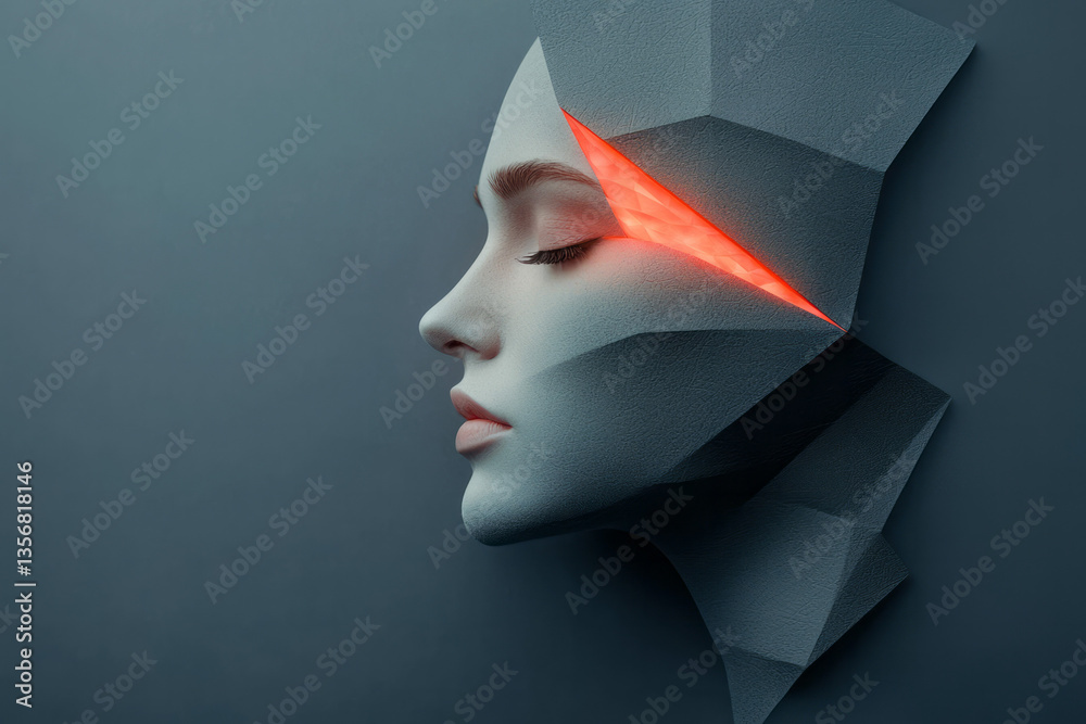 Poster a futuristic geometric visage glowing with energy, built from balanced angular shapes and vibrant