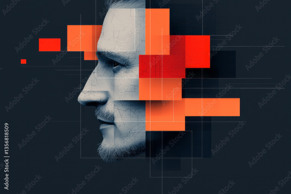 Poster An expressive AI-inspired face built from mirrored color fields and futuristic geometric textures,