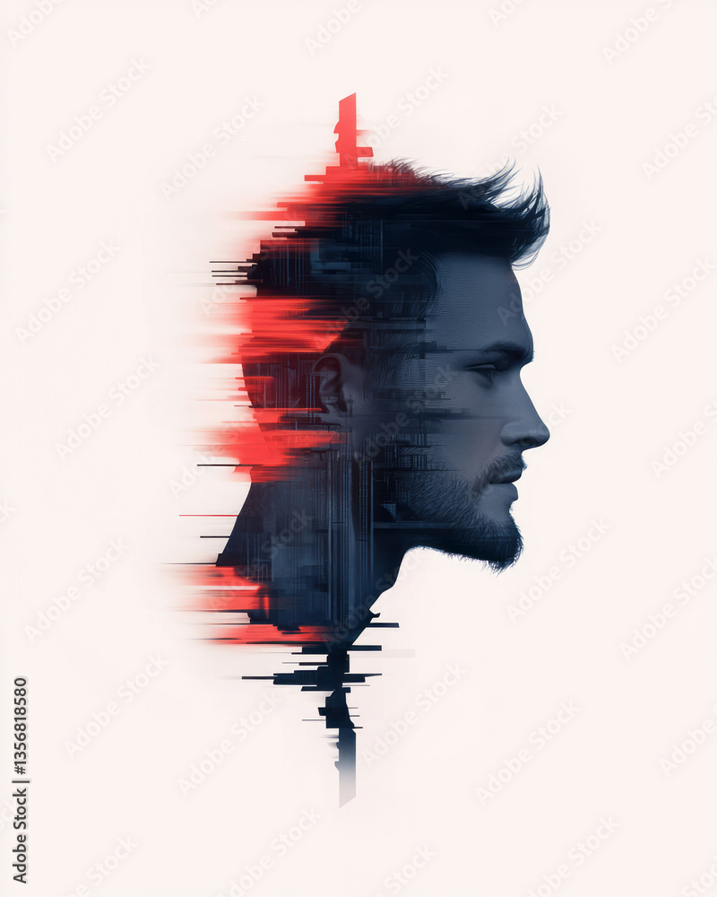 Poster a futuristic head portrait composed entirely of layered digital geometry and glowing angular