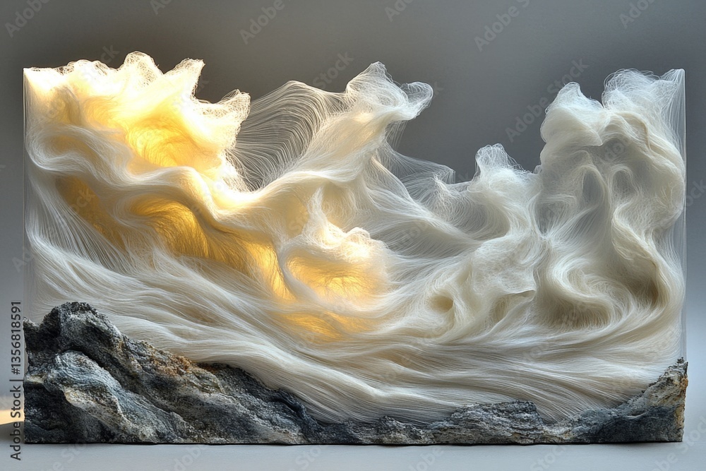 Leinwandbilder sculpture of swirling clouds illuminated by warm light with textured rock base in minimalist setting