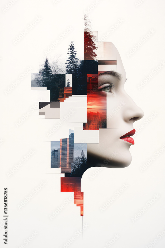 Aufkleber a fragmented head design where intricate geometric shapes reveal layers of identity and tech,