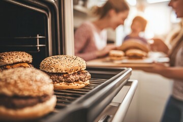 Juicy burgers baking in oven, warm atmosphere with happy friends