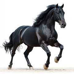 Fototapeta premium A black horse rears up on its hind legs with its mane flowing in the wind against a white background. 