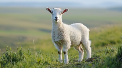 Naklejka premium Saanen goat enjoying sunshine in lush green pasture with rolling hills