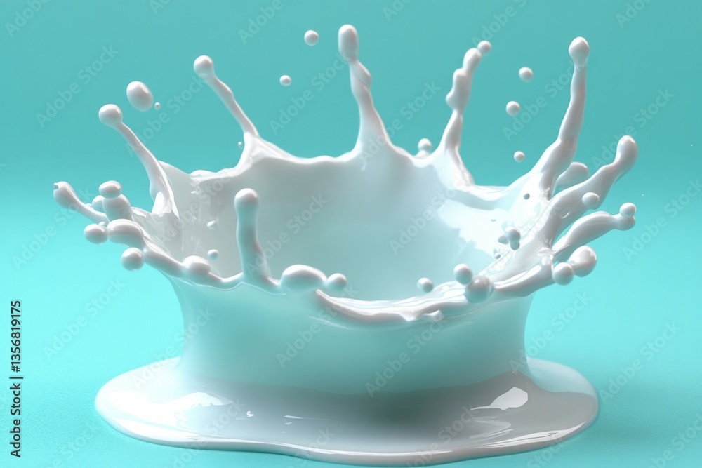 Poster milk splash creates an artistic display against a turquoise background