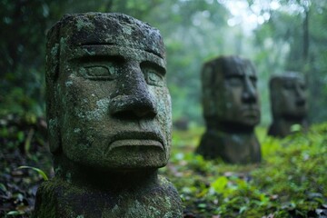 Obraz premium Mysterious stone statues stand silently in lush fog-covered forest Generative AI