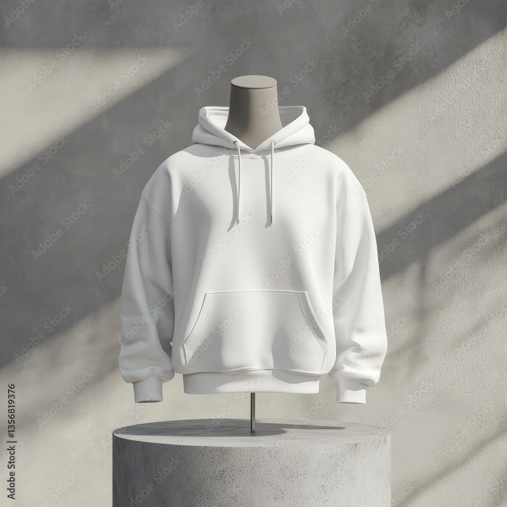 Poster minimalist white hoodie mockup on display stand with concrete backdrop and soft sunlight.
