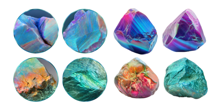 Colorful Mineral Crystals Displaying Iridescent Patterns and Textures, holographic of Iridescent Kawaii 3D, Isolated on Transparent background