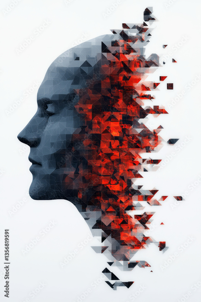 Poster a conceptual art piece of a head formed by interlocking digital shapes, symbolizing intelligence