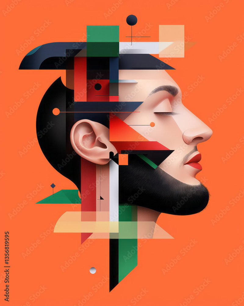 Poster a floating abstract head surrounded by rotating geometric accents, rendered in vibrant metallic