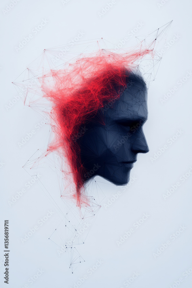 Aufkleber A sharp-edged digital mask made of interlocked polygons and soft glowing lines representing neural
