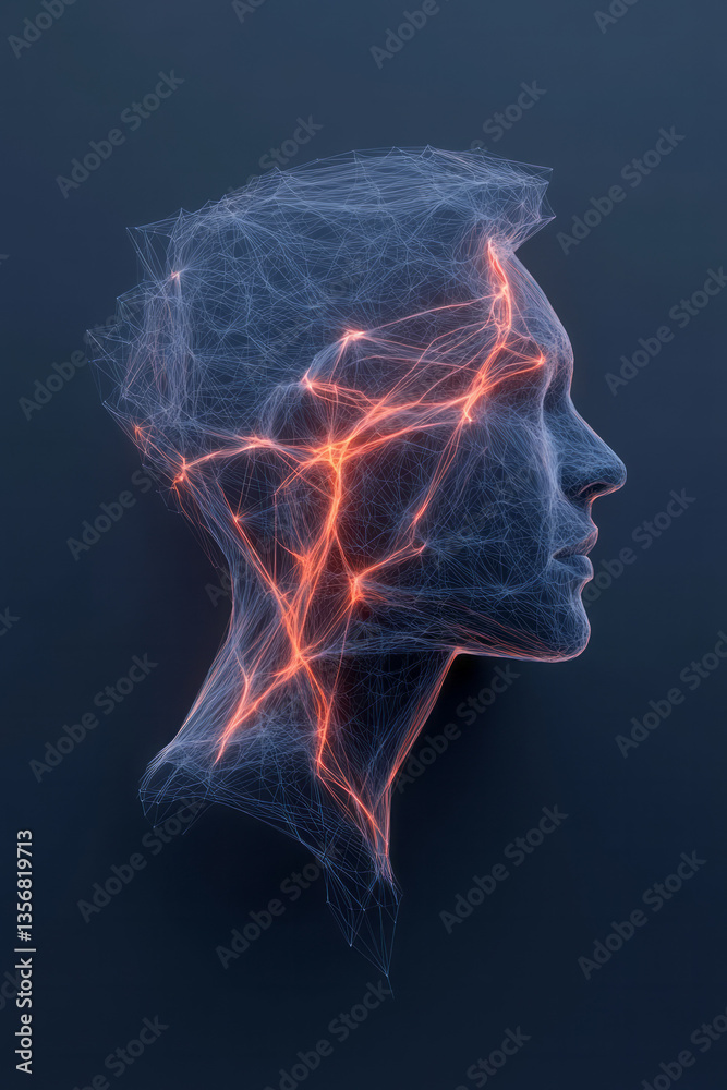 Leinwandbilder a sharp-edged digital mask made of interlocked polygons and soft glowing lines representing neural