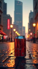 Red soda can with bubbles on a cobblestone street at sunset, surrounded by city lights
