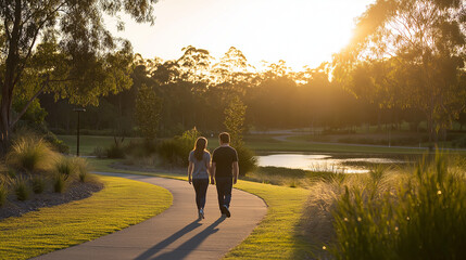 Couple Walking Along Park Path Sunset
