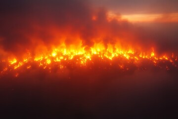 Forest fire burns during sunset creating a dramatic glow in the sky near a rural area