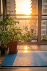 Sunlight streams through glass, illuminating yoga mat and vibran