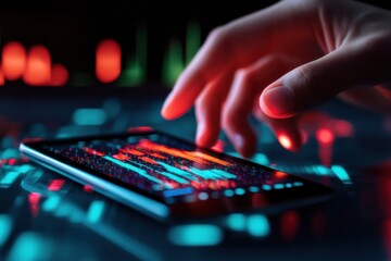 Fintech mobile app mockup being used by young businessperson, digital data interface and modern UI