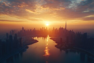 Fototapeta premium Sunrise over the Dubai skyline showcasing breathtaking reflections in the water with skyscrapers and clouds at dawn