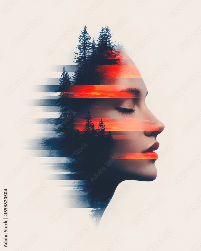 Poster a floating abstract head surrounded by rotating geometric accents, rendered in vibrant metallic