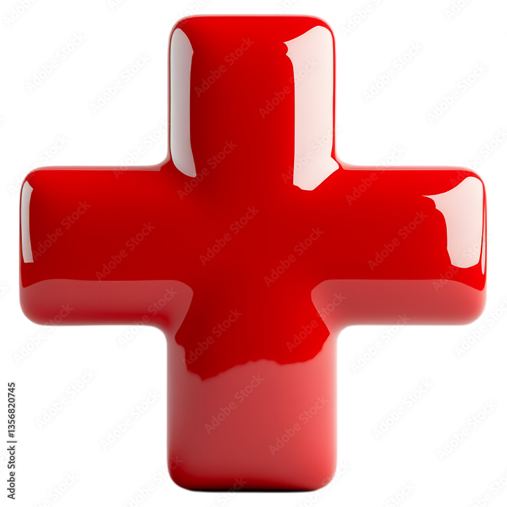 Wall mural glossy red medical cross icon, isolated and ai generated..
