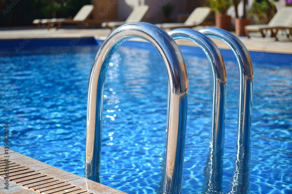 Poster sleek metal ladder by pool reflects sunlight in a tranquil resort setting on a clear day