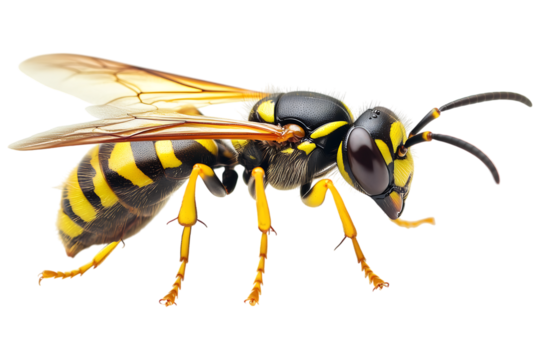 Yellow wasp side view digital illustration, isolated and AI generated..