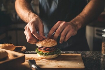 Hands carefully assembling delicious burger with fresh ingredien