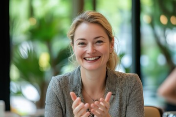 Confident Businesswoman Presenting Data-Driven Strategy to Team with a Welcoming Smile