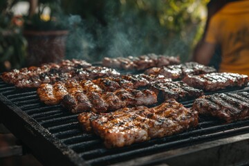 Grilling fresh meat at an outdoor barbecue gathering during a sunny afternoon with friends enjoying delicious food