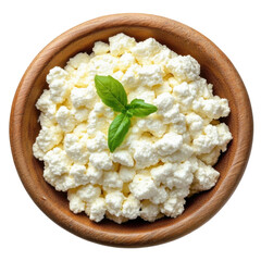 Cottage cheese- curd in wooden bowl- top view isolated on transparent background