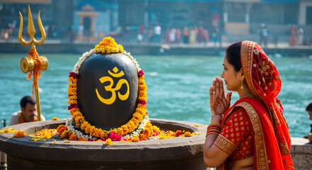 beautiful Indian woman offering puja to Shivlinga of god shiva at river ganga, Hindu religion festival maha shivratri concept