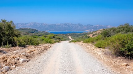 Sunny, gravel road leading to a distant, mountainous coastline. Lush vegetation borders the path