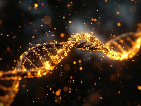 Golden helix structure with glowing particles on dark background offering a unique visual for science and technology concepts - Powered by Adobe