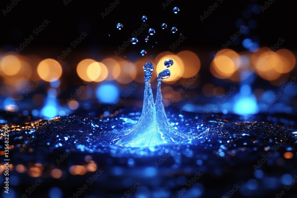 Poster colorful water droplets create vibrant splashes in the dark, illuminated by soft blue lights, highli