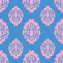 Pink and blue damask seamless pattern with floral, vintage design, vector illustration elegant for textile design, background, wall paper, bedding, wrapping, curtains, cushion, fabric, decoration