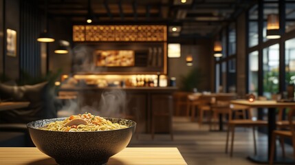 Fototapeta premium Steaming Bowl of Ramen with Rich Noodles and Toppings in a Warm and Inviting Japanese Restaurant Setting