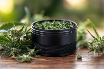 Freshly harvested cannabis leaves and buds arranged around a black container filled with dried green plant material