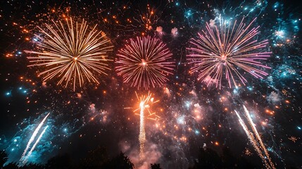 Fototapeta premium Fireworks explode in night sky over trees