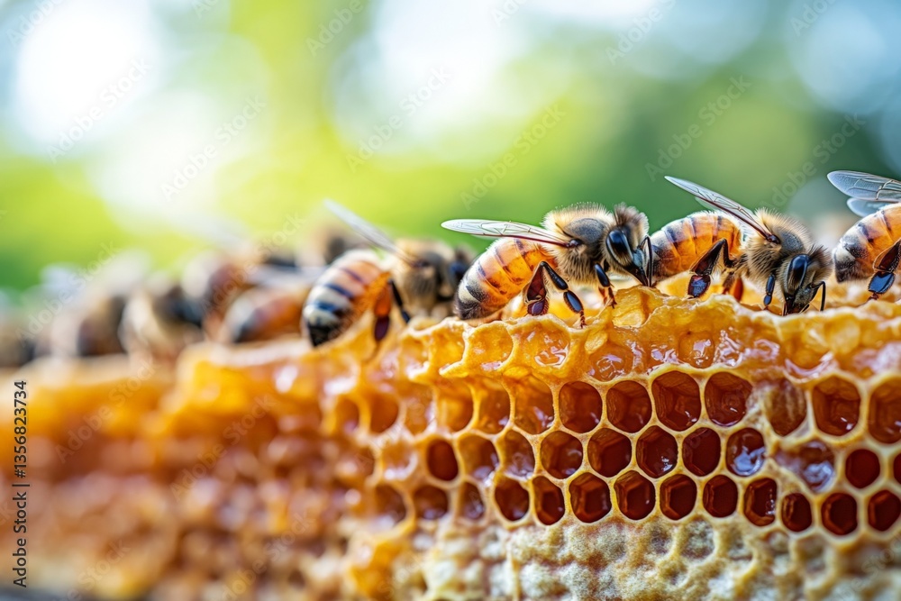 Poster bees gather nectar and create honey in a vibrant hive during a sunny day